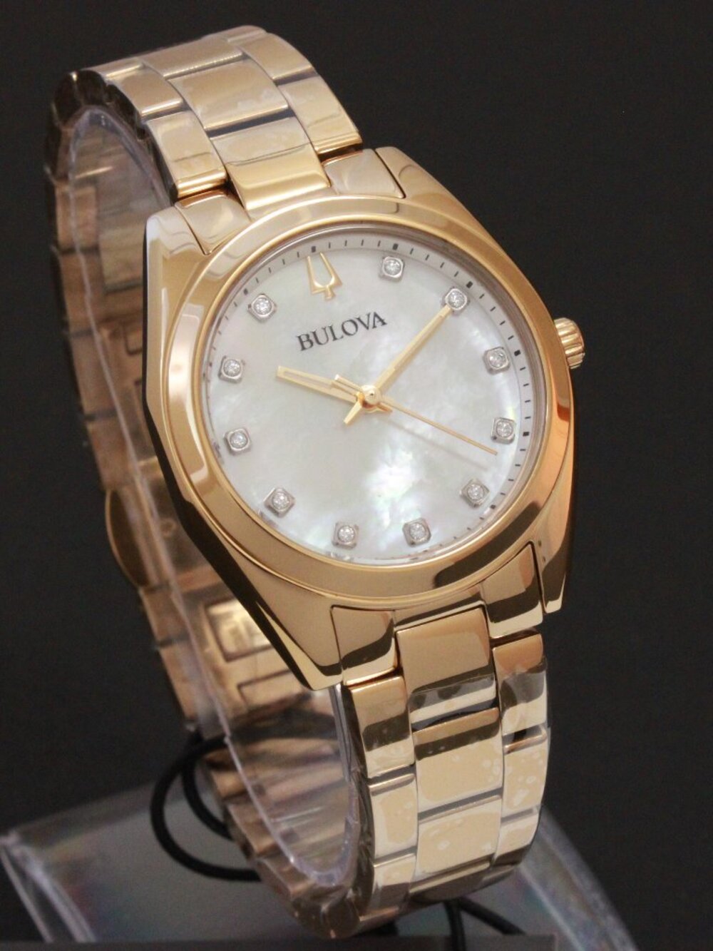 Bulova Ladies Surveyor Quartz Watch Diamond Indices MOP Dial Gold Tone 31mm - Picture 2 of 12